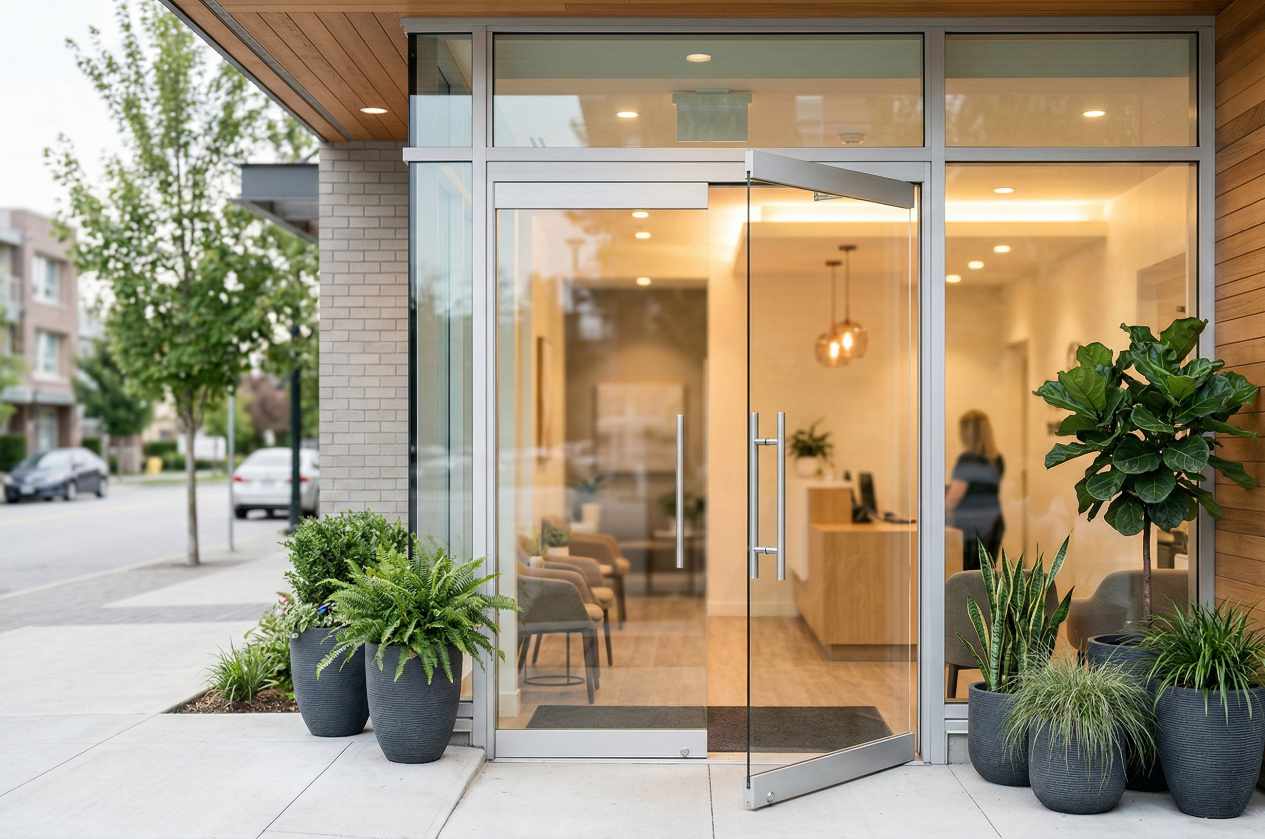 Clinic entrance with bright waiting area